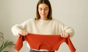 Kobieta rozciąga pomarańczowy sweter.