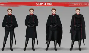 Kapitan Gwardii Imperialnej w stylu dieselpunk, prezentująca różne warianty stroju: od munduru z wąskimi spodniami po elegancką pelerynę.
