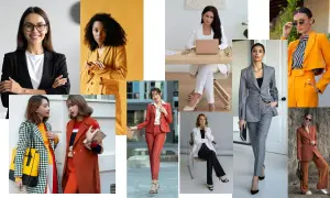 Kobiety w stylizacjach business casual: garnitury, marynarki i eleganckie spodnie. Inspiracje do pracy i na spotkania.