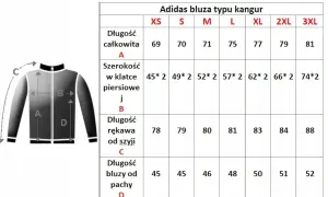 Tabela rozmiarów bluzy Adidas kangur. Długość bluzy od pachy dla rozmiaru 52 męski wynosi 52 cm.