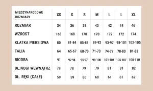 Tabela rozmiarów: rozmiar 40 to 25.4 cm w pasie, 89-92 cm w klatce piersiowej.