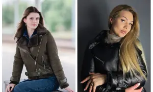 Dwie kobiety w stylowych kożuchach. Jedna w oliwkowym, druga w czarnym, obie prezentują się elegancko.
