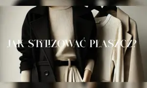 Elegancka czarna opończa i beżowy sweter na wieszakach. Tekst: "Jak stylizować płaszcz?".