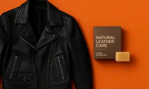 Czyszczenie kurtki skórzanej z użyciem zestawu Natural Leather Care. Skórzana ramoneska obok pudełka z kosmetykami i gąbki.