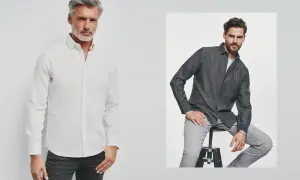 Dwóch mężczyzn w koszulach. Biała koszula o kroju regular fit, dopasowana do sylwetki, i ciemna koszula dżinsowa.