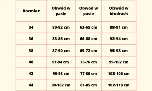 Tabela rozmiarów: 42 jaki to rozmiar? Obwód w pasie 95-98 cm, w biodrach 103-106 cm.