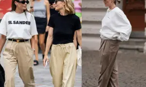 Koszula do beżowych spodni: biały t-shirt z logo, czarny top i biała bluza oversize. Stylowe stylizacje na co dzień.