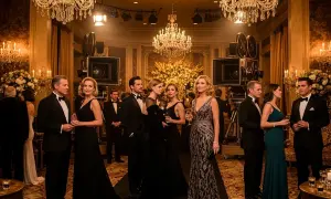 Elegancka gala w stylu old hollywood, z kamerami filmowymi i kryształowymi żyrandolami.