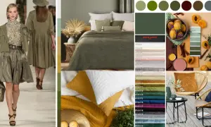 Inspiracje kolorystyczne: jaki kolor pasuje do khaki? Od mody po wnętrza, zieleń i brązy łączą się z żółcieniami, różami i błękitami.
