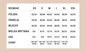 Tabela rozmiarów od XS do XXL z wymiarami w Polsce, Francji, Włoszech, Wielkiej Brytanii, USA i Chinach.
