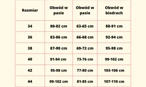 Tabela rozmiarów odzieży. Rozmiar 44 odpowiada obwodowi w pasie 99-102 cm i w biodrach 107-110 cm.