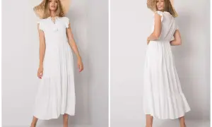 Modelka w białej sukience i słomkowym kapeluszu, idealna stylizacja w stylu cottagecore.
