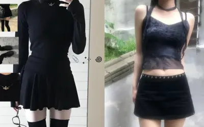 Stylizacja acubi: czarna sukienka mini, dopasowany top, siateczkowa bluzka, spódniczka i buty.
