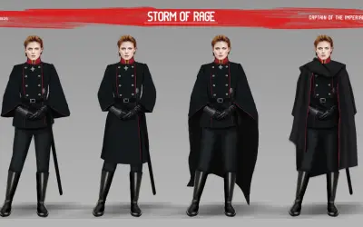 Kapitan Gwardii Imperialnej w stylu dieselpunk, prezentująca różne warianty stroju: od munduru z wąskimi spodniami po elegancką pelerynę.