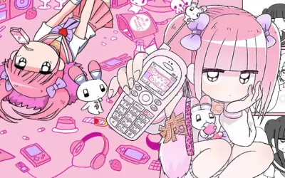 Różowa estetyka, dziewczyna z telefonem, nawiązania do stylu menhera, słodycze i elektronika.
