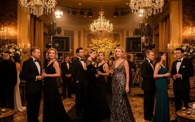 Elegancka gala w stylu old hollywood, z kamerami filmowymi i kryształowymi żyrandolami.