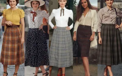 Pięć kobiet w stylizacjach inspirowanych latami 50. i **rockabilly**: kraty, grochy, eleganckie bluzki i spódnice midi.