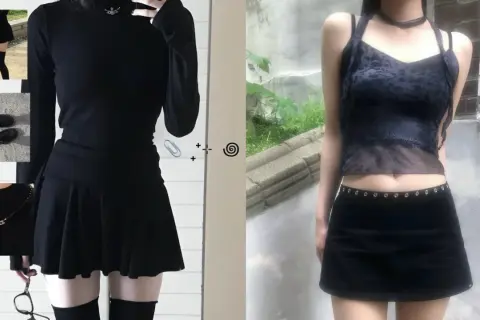 Stylizacja acubi: czarna sukienka mini, dopasowany top, siateczkowa bluzka, spódniczka i buty.