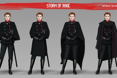 Kapitan Gwardii Imperialnej w stylu dieselpunk, prezentująca różne warianty stroju: od munduru z wąskimi spodniami po elegancką pelerynę.