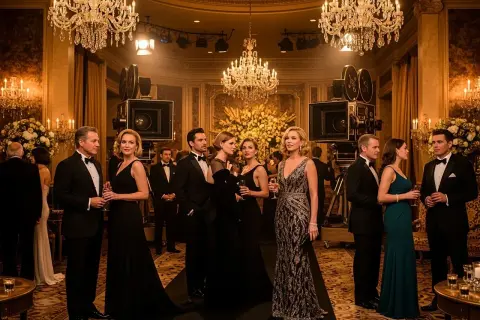 Elegancka gala w stylu old hollywood, z kamerami filmowymi i kryształowymi żyrandolami.