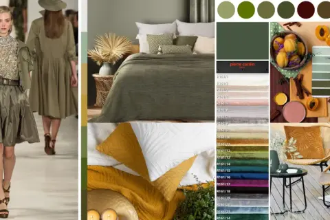 Inspiracje kolorystyczne: jaki kolor pasuje do khaki? Od mody po wnętrza, zieleń i brązy łączą się z żółcieniami, różami i błękitami.