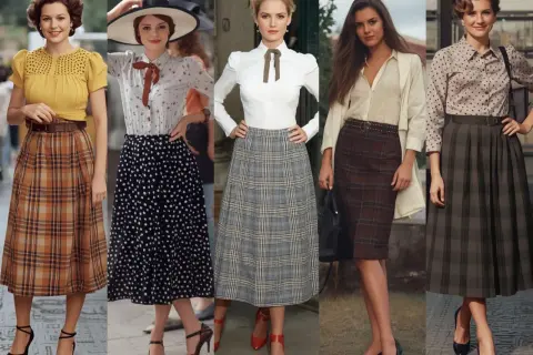 Pięć kobiet w stylizacjach inspirowanych latami 50. i **rockabilly**: kraty, grochy, eleganckie bluzki i spódnice midi.