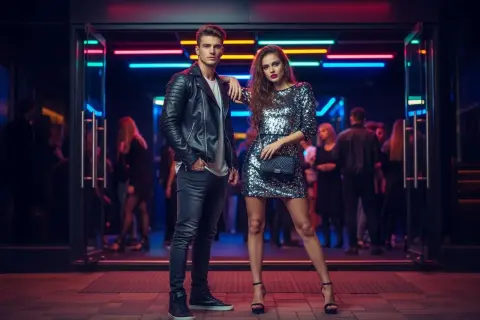 Elegancka para przed klubem. Ona w błyszczącej sukience, on w skórzanej kurtce. Idealny przykład, jak się ubrać do klubu.