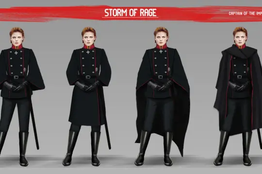 Kapitan Gwardii Imperialnej w stylu dieselpunk, prezentująca różne warianty stroju: od munduru z wąskimi spodniami po elegancką pelerynę.