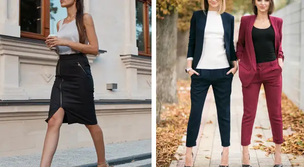 Eleganckie stylizacje na imprezę firmową: spódnica ołówkowa i garnitury.