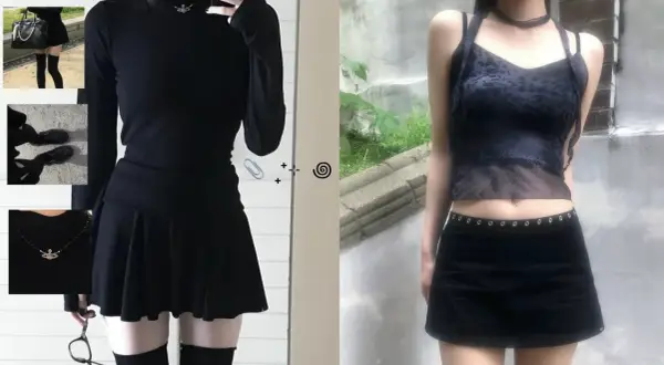 Stylizacja acubi: czarna sukienka mini, dopasowany top, siateczkowa bluzka, spódniczka i buty.