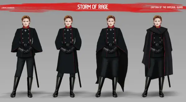 Kapitan Gwardii Imperialnej w stylu dieselpunk, prezentująca różne warianty stroju: od munduru z wąskimi spodniami po elegancką pelerynę.