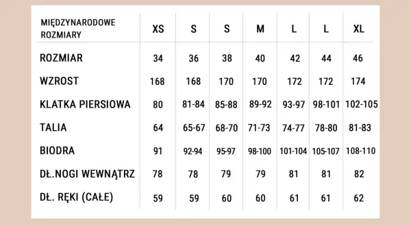 Tabela rozmiarów: rozmiar 40 to 25.4 cm w pasie, 89-92 cm w klatce piersiowej.