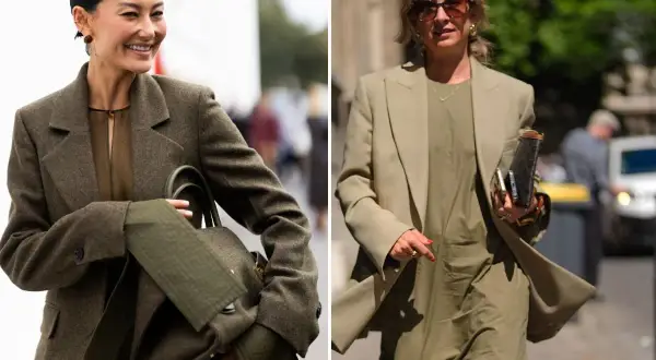 Dwie kobiety w eleganckich stylizacjach. Jedna w ciemnym garniturze, druga w jasnym. Kolor khaki jaki to kolor? To odcień zieleni, który świetnie wygląda w modzie.