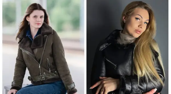 Dwie kobiety w stylowych kożuchach. Jedna w oliwkowym, druga w czarnym, obie prezentują się elegancko.