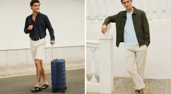 Elegancki styl mężczyzny w letnich stylizacjach. Po lewej: koszula, szorty, klapki i walizka. Po prawej: kurtka, t-shirt, spodnie i buty.