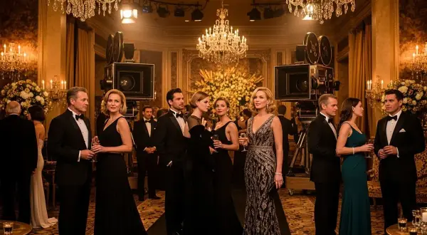 Elegancka gala w stylu old hollywood, z kamerami filmowymi i kryształowymi żyrandolami.
