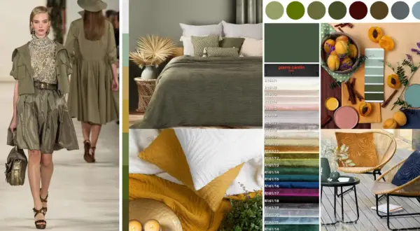 Inspiracje kolorystyczne: jaki kolor pasuje do khaki? Od mody po wnętrza, zieleń i brązy łączą się z żółcieniami, różami i błękitami.