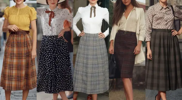 Pięć kobiet w stylizacjach inspirowanych latami 50. i **rockabilly**: kraty, grochy, eleganckie bluzki i spódnice midi.