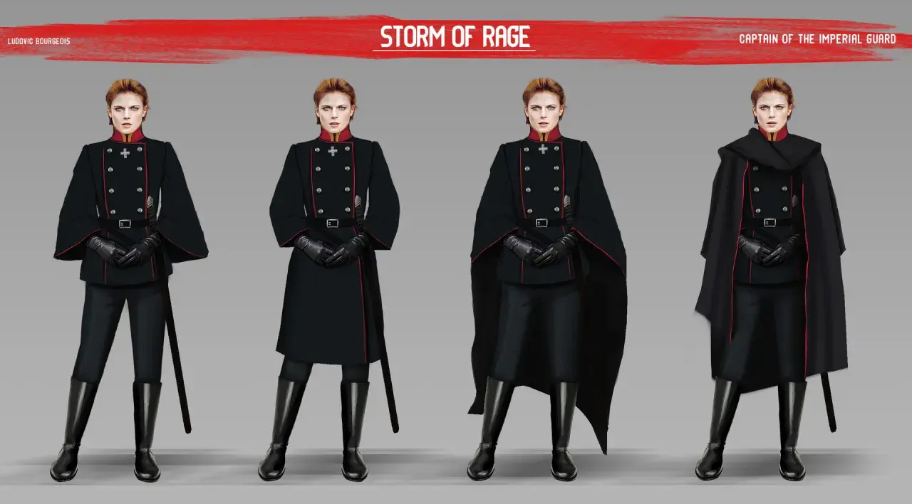 Kapitan Gwardii Imperialnej w stylu dieselpunk, prezentująca różne warianty stroju: od munduru z wąskimi spodniami po elegancką pelerynę.