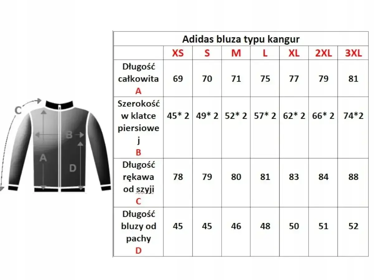 Tabela rozmiarów bluzy Adidas kangur. Długość bluzy od pachy dla rozmiaru 52 męski wynosi 52 cm.