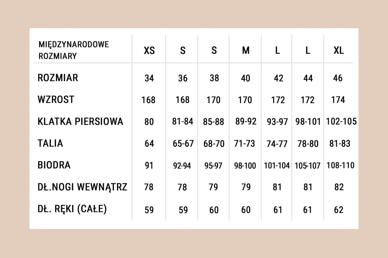 Tabela rozmiarów: rozmiar 40 to 25.4 cm w pasie, 89-92 cm w klatce piersiowej.