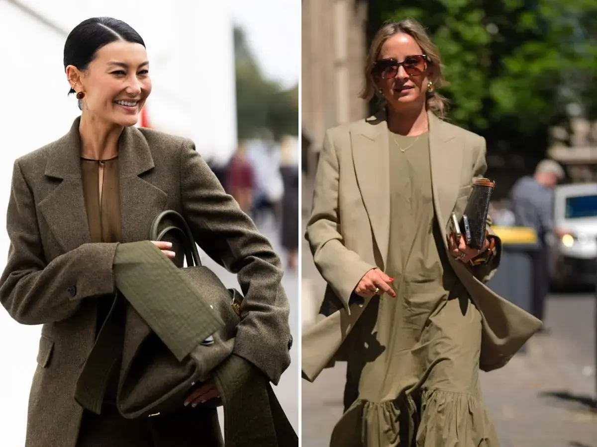 Dwie kobiety w eleganckich stylizacjach. Jedna w ciemnym garniturze, druga w jasnym. Kolor khaki jaki to kolor? To odcień zieleni, który świetnie wygląda w modzie.