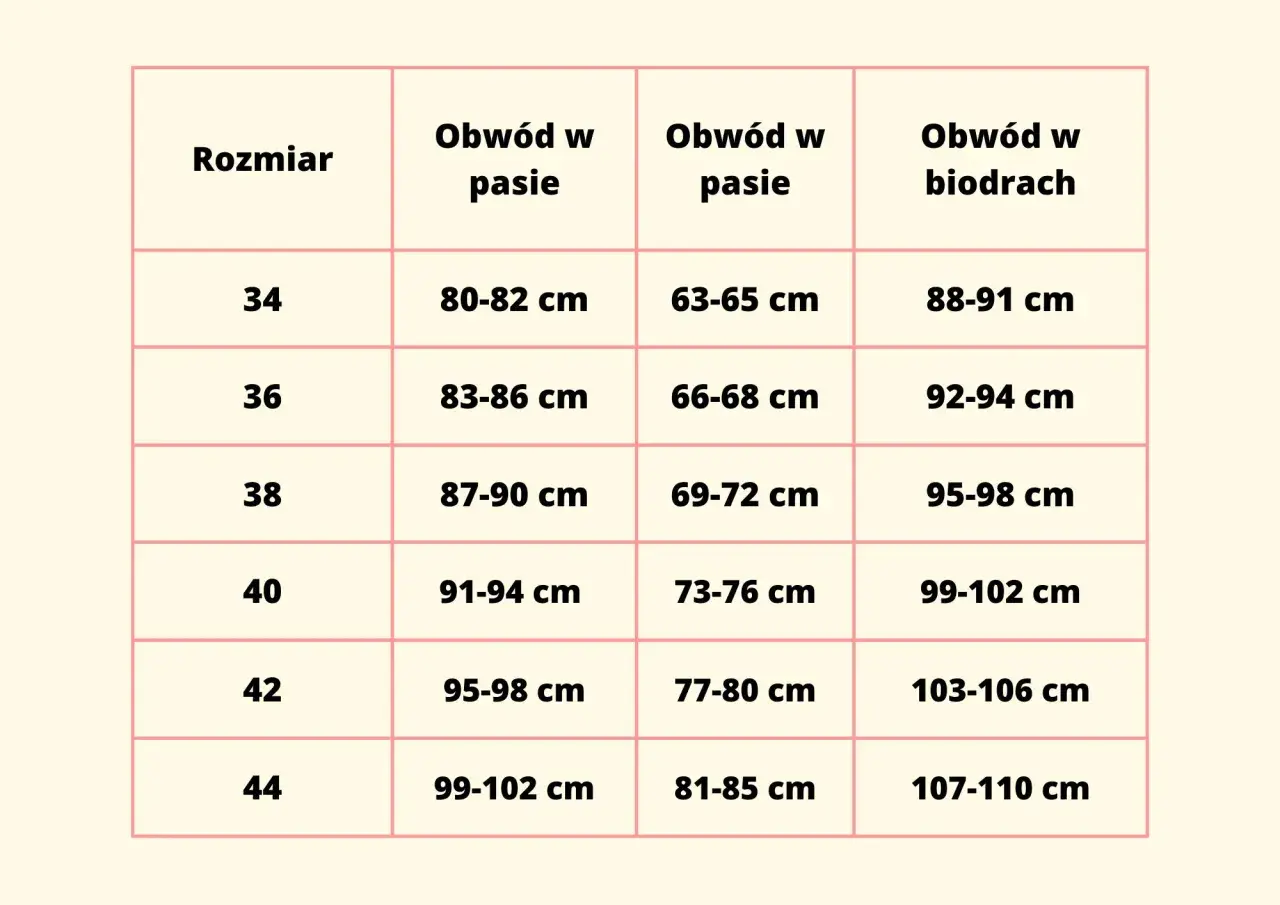 Tabela rozmiarów: 42 jaki to rozmiar? Obwód w pasie 95-98 cm, w biodrach 103-106 cm.