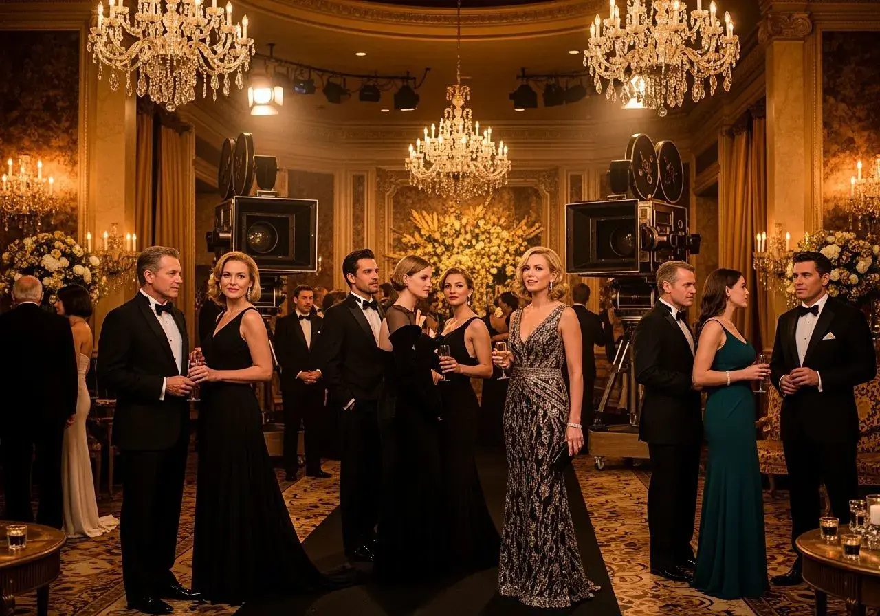 Elegancka gala w stylu old hollywood, z kamerami filmowymi i kryształowymi żyrandolami.