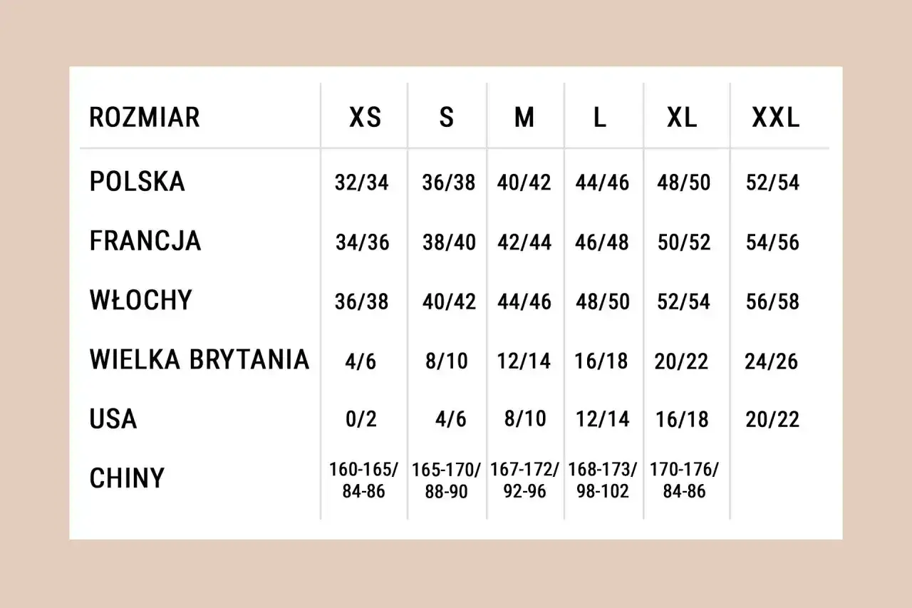 Tabela rozmiarów od XS do XXL z wymiarami w Polsce, Francji, Włoszech, Wielkiej Brytanii, USA i Chinach.