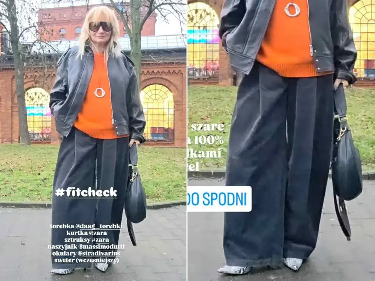 Kobieta w pomarańczowym swetrze, czarnej ramonesce i szerokich, szarych sztruksach. Stylowy #fitcheck.