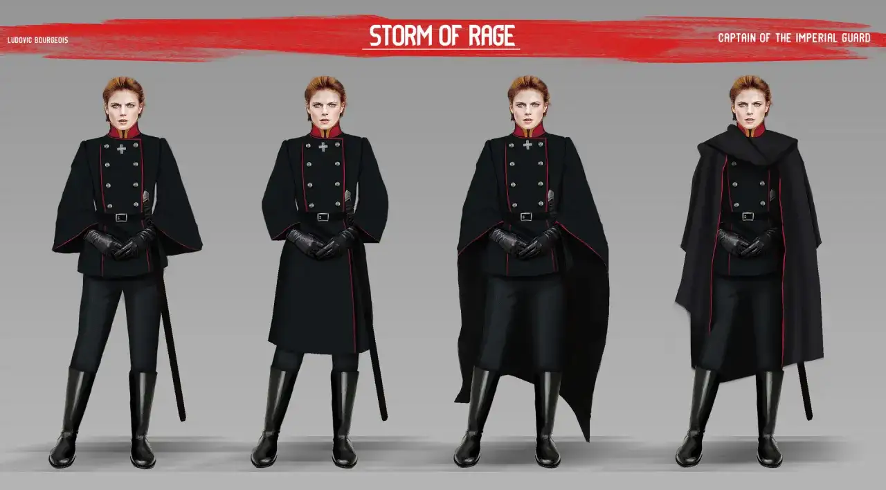 Kapitan Gwardii Imperialnej w stylu dieselpunk, prezentująca różne warianty stroju: od munduru z wąskimi spodniami po elegancką pelerynę.
