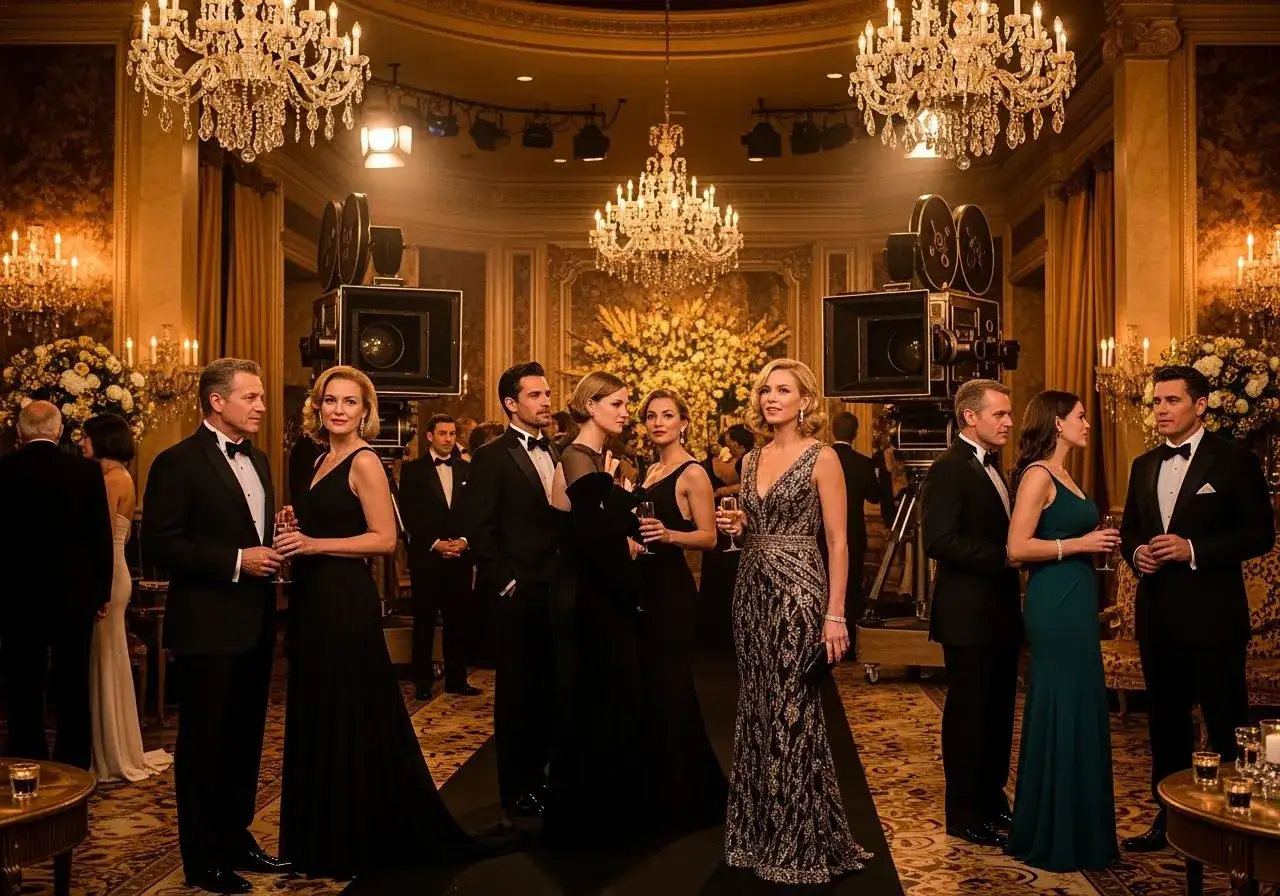 Elegancka gala w stylu old hollywood, z kamerami filmowymi i kryształowymi żyrandolami.