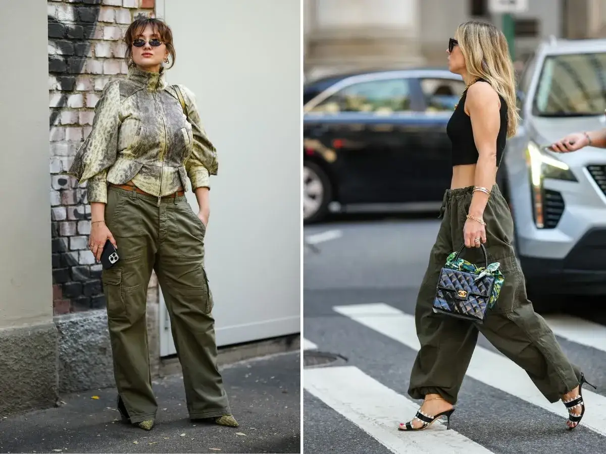 Dwie kobiety w spodniach cargo w kolorze khaki. Ten kolor to klasyka stylu cargo, idealny na miejskie przygody.