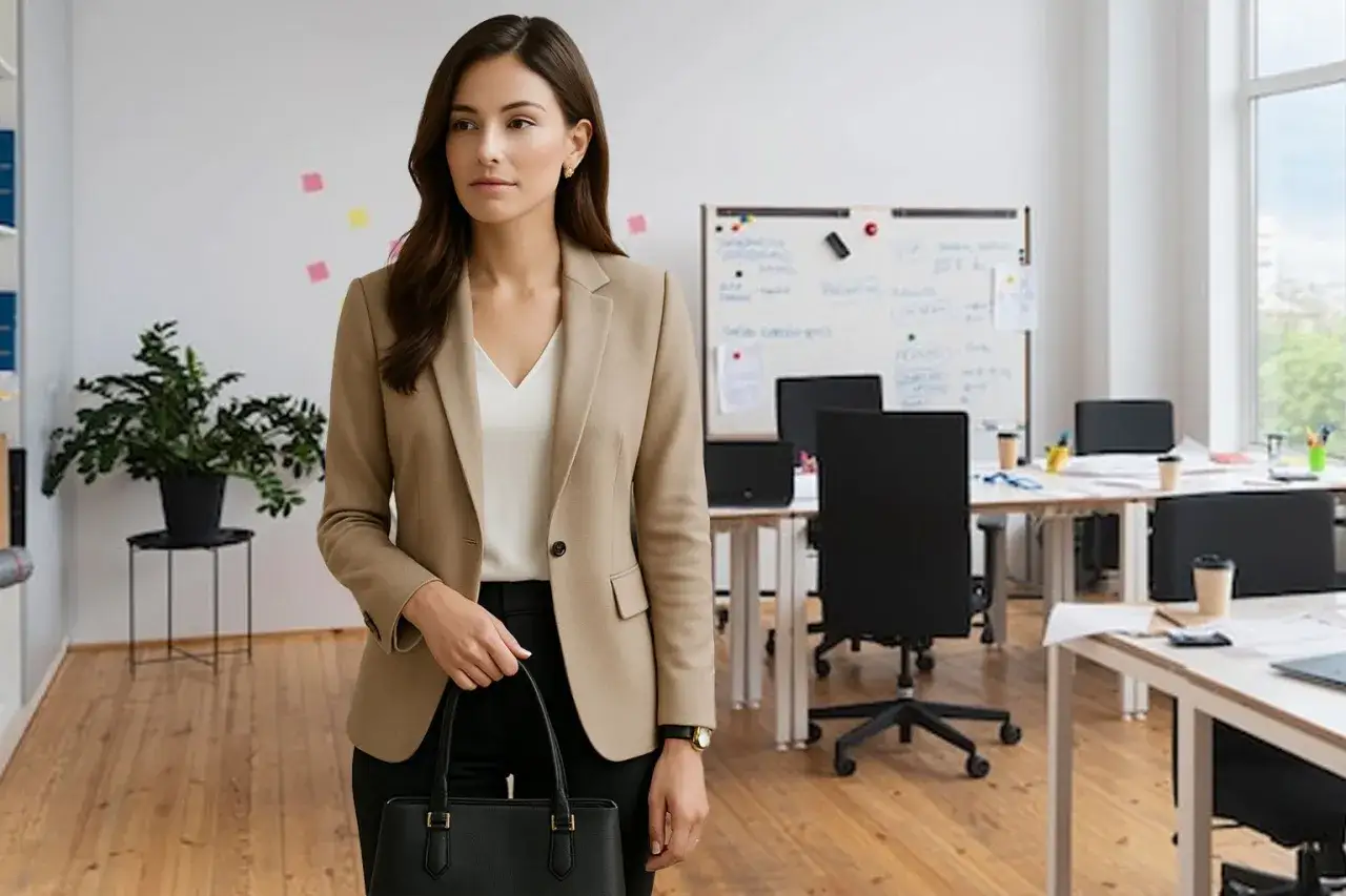 Elegancka kobieta w stroju business casual stoi w nowoczesnym biurze.